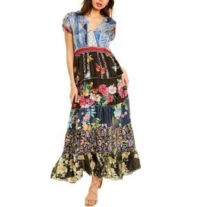 Johnny Was 100% Silk Peteri Maxi Dress Floral Paisley V-Neck Patchwork Ruffle